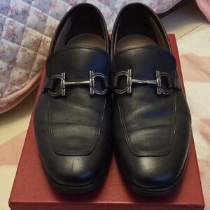 Auth Salvatore Ferragamo Scarlet Men Black Leather Loafers Shoes Size 7.5